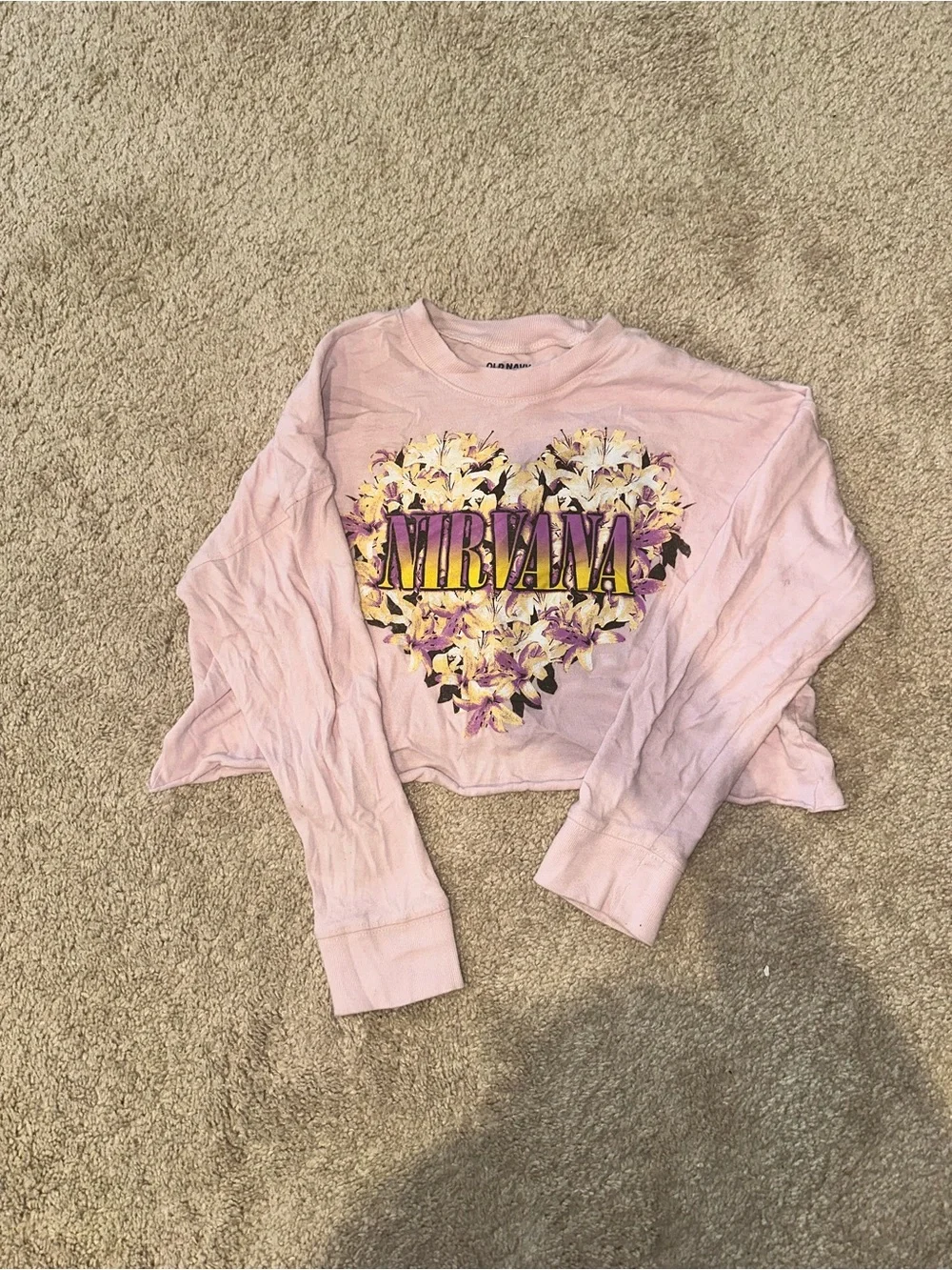 Old Navy Pink Floral Heart Nirvana Long Sleeve Crop Tee